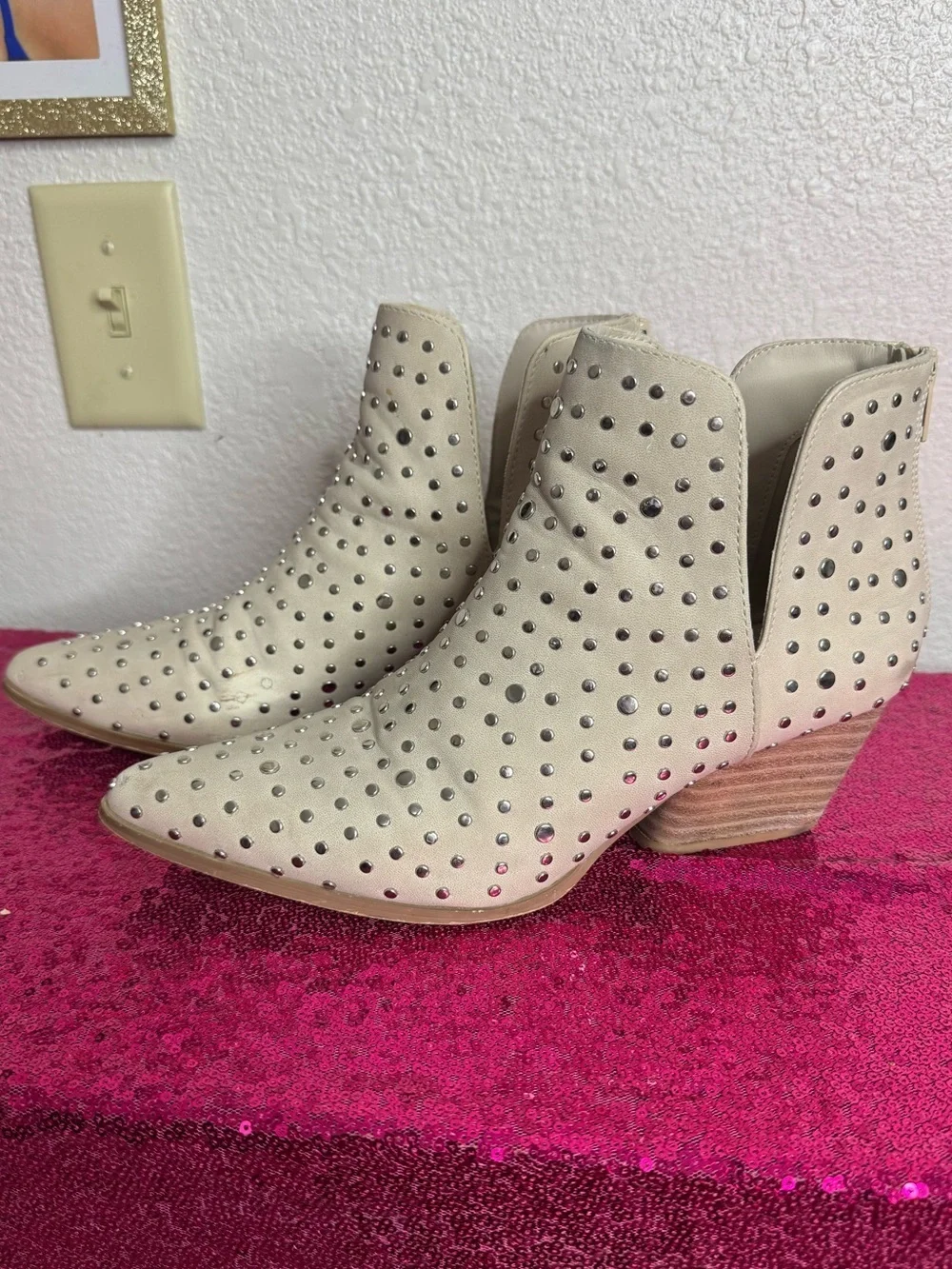 ALTAR’D STATE 🩶 Cowboy Ankle Booties- Silver Studded, Pointed Toe (Women’s 8.5)